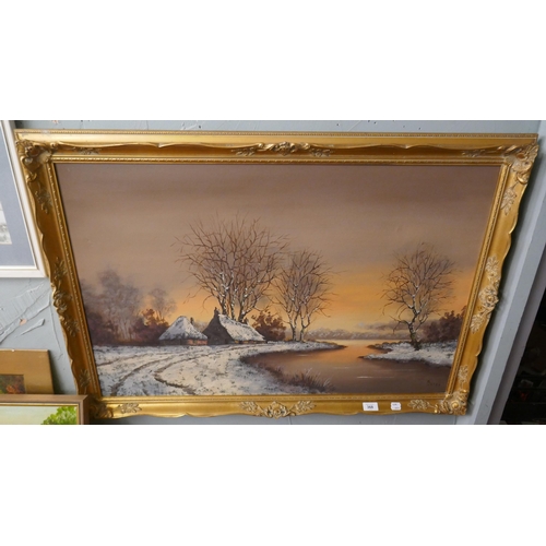 368 - Oil on canvas of a winter rural scene signed Burgy - Approx image size: 88cm x 58cm