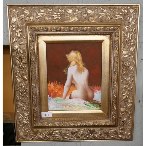 391 - Oil on board of nude by J. Garrah - Approx image size: 19cm x 24cm