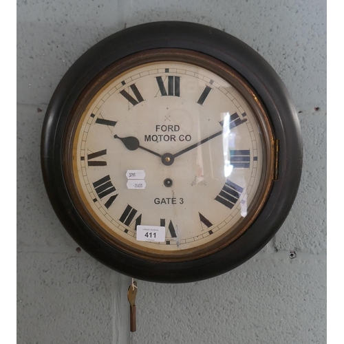 411 - Early 1900s office clock with Ford Motor Co. Gate 3 on the dial. In good working order - Approx diam... 