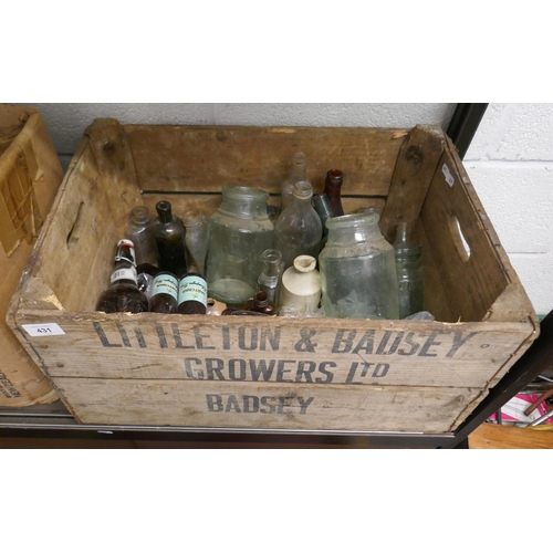 431 - Wooden crate of vintage glass bottles