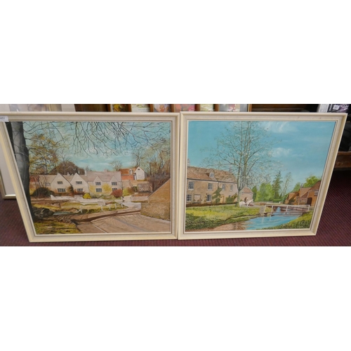 451 - Pair of oils on canvas signed J Grace of Lower & Upper Slaughter - Approx image sizes: 60cm x 50... 