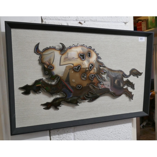 455 - Framed metal artwork of a bull