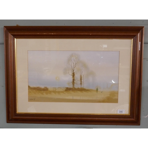 478 - Signed watercolour - Man walking dog