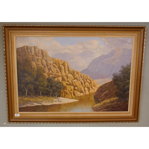 509 - R C Roelofsz oil on board - Mountain scene - Approx image size: 90cm x 60cm