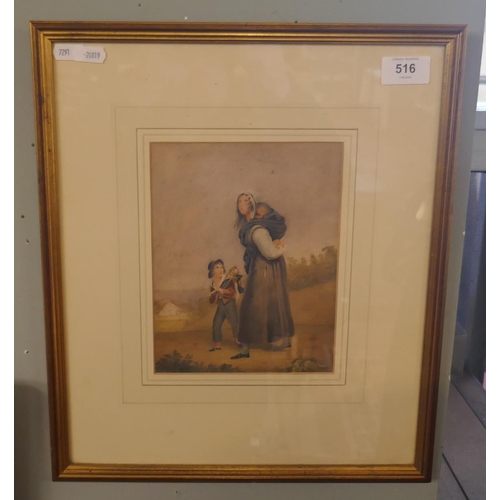 516 - C19th Watercolour by W. Warwman 'The Soldier's Widow'