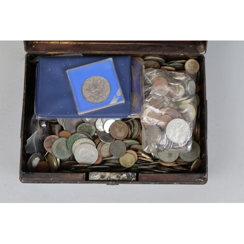 144 - Collection of coins in 2 tins to include hallmarked silver partridge in a pear tree medallion