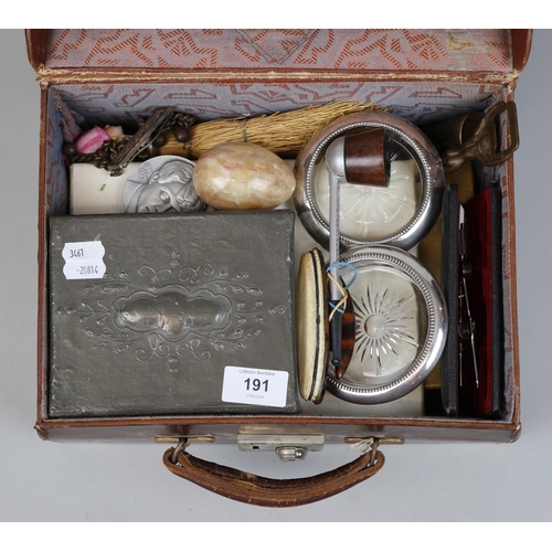 191 - Small leather suitcase and contents to include pewter, tobacco pipe etc.