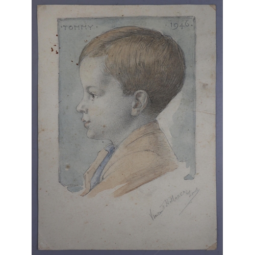 243 - Photograph of an airman together with a watercolour of child (possibly the airman when younger)