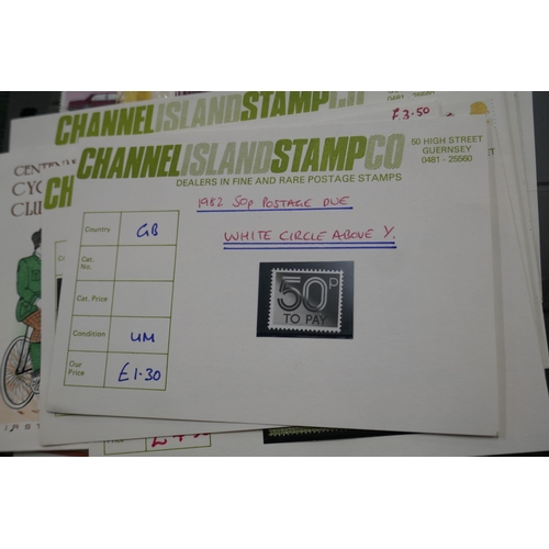 290 - Stamps - Great Britain QE2 minor flaws on hanger sheets and stock cards