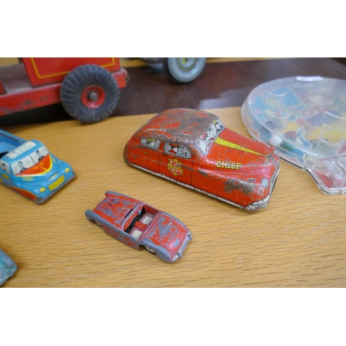 374 - Collection of tin plate toys to include Triang together with a rocking horse