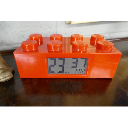 389 - Lego clock together with Bakelite boy and rise and fall Deco style lamp