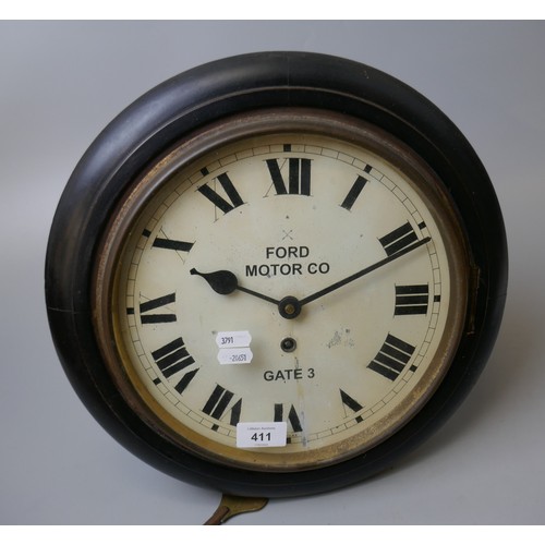 411 - Early 1900s office clock with Ford Motor Co. Gate 3 on the dial. In good working order - Approx diam... 