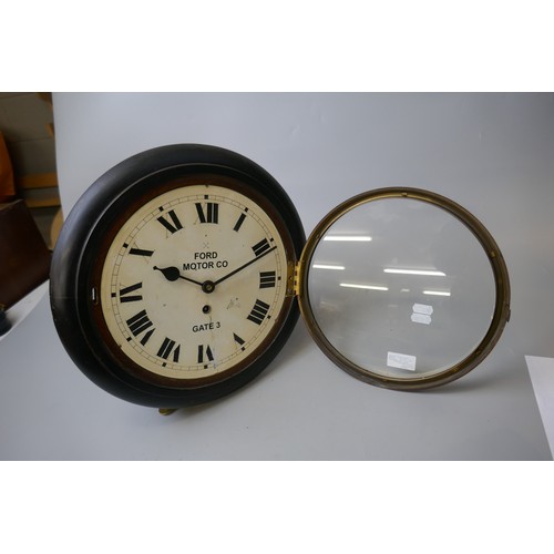 411 - Early 1900s office clock with Ford Motor Co. Gate 3 on the dial. In good working order - Approx diam... 