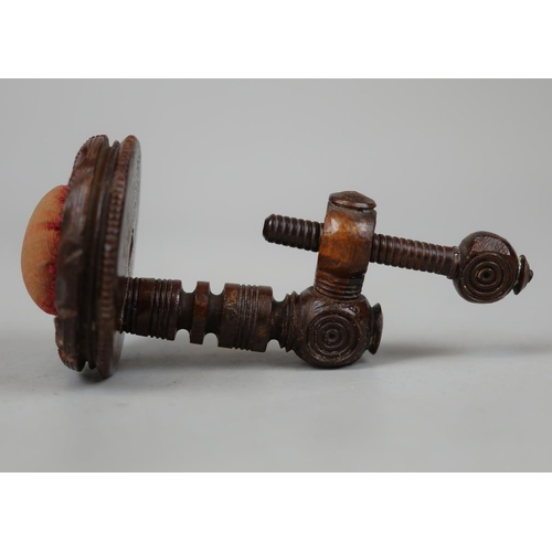 145 - Victorian turned oak sewing clamp with velvet pin cushion