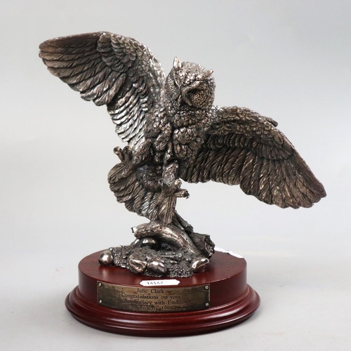 158 - Silver (filled) owl on wooden base - Approx height 20cm