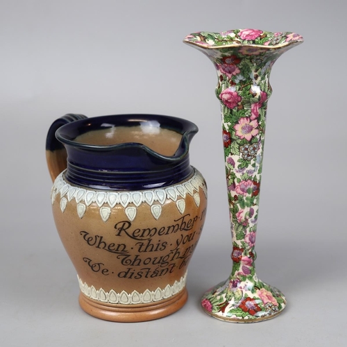 162 - Ceramic Victorian Royal Doulton 'Remember Me' jug together with an early 1900s Ducal bud vase.