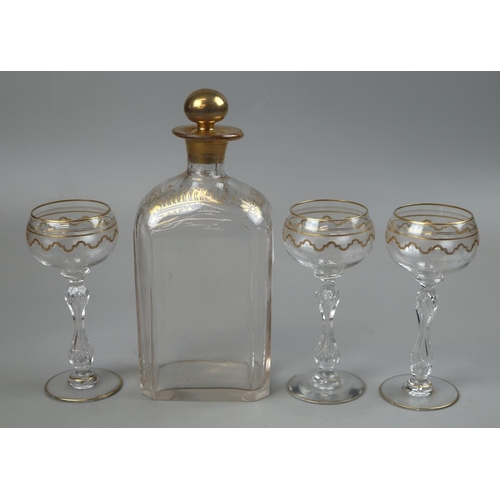 164 - 3 gilded Saint Louis crystal 19thC wine glasses together with a Georgian decanter