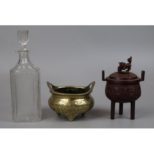 205 - 2 bronze censors together with a cut glass decanter - no reserve