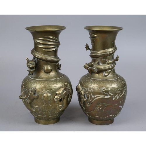 213 - 2 Brass vases adorned with Oriental dragons