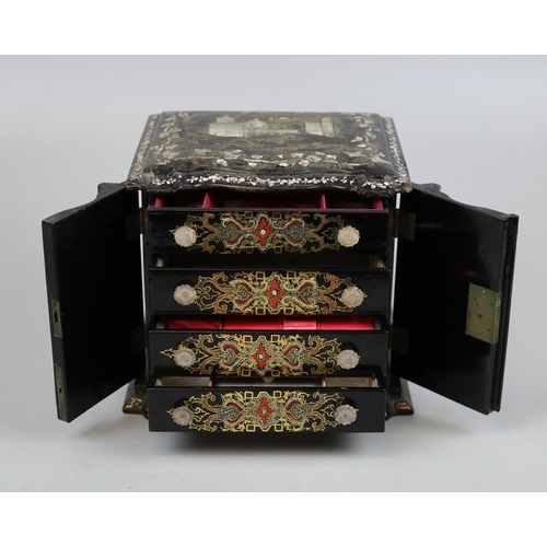 218 - Antique oriental papier mache jewelley box inlaid with mother of pearl