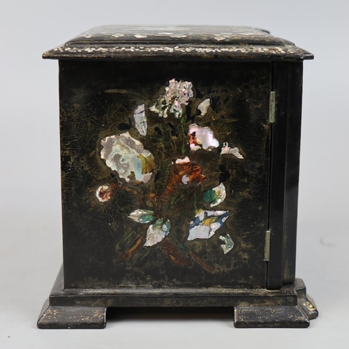 218 - Antique oriental papier mache jewelley box inlaid with mother of pearl