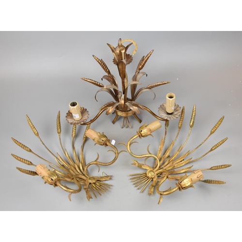 292 - Vintage French gilt wheatsheaf pendant light with pair of matching sconces