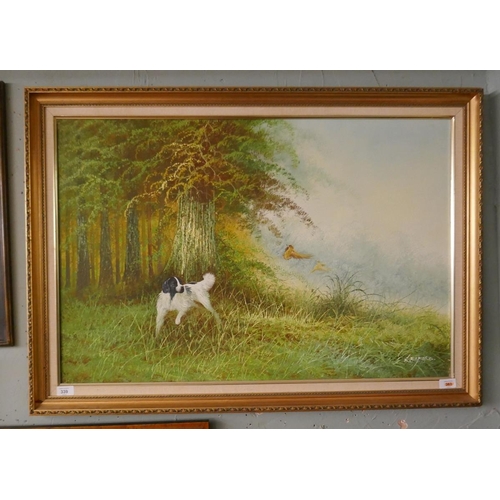 339 - Oil on canvas of hunting dog signed Elford - Approx image size: 90cm x 60cm