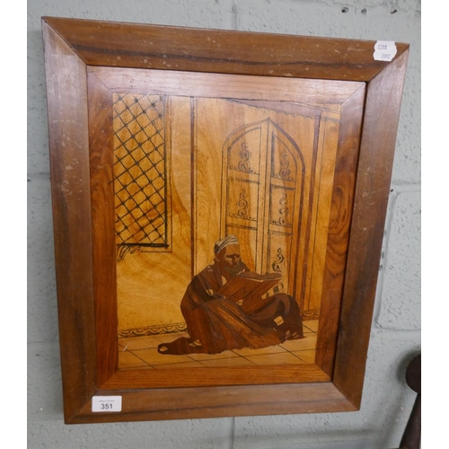 351 - Marquetry wood picture of a gentleman reading a book