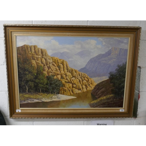 392 - R C Roelofsz oil on board - Mountain scene - Approx image size: 90cm x 60cm