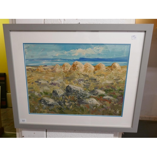 417 - Oil painting by Hugh McIlfatrick Coastal scene with haystacks - Approx 56cm x 42cm