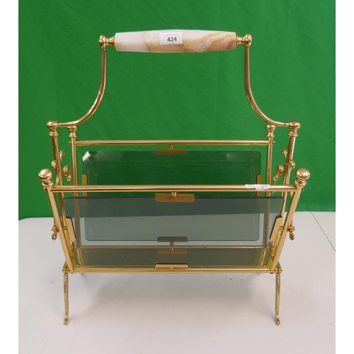 424 - 1950 polished brass and smoked glass magazine rack with marble handle - TBR