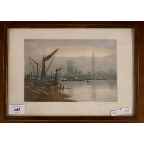 445 - Small framed hand coloured etching of Westminster and the Thames