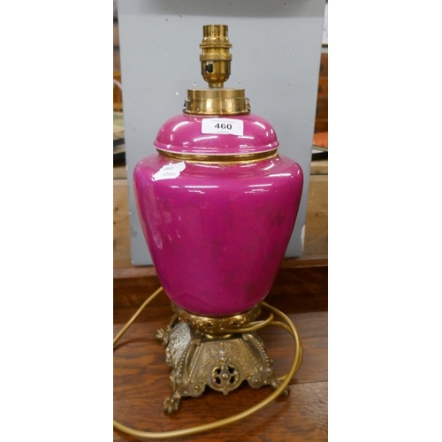 460 - Pink ceramic and brass lamp converted from an oil lamp