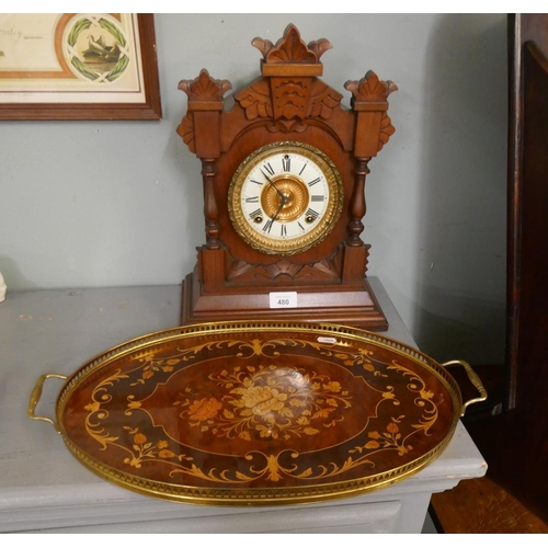 480 - Wooden inlaid mantle clock together with inlaid tray