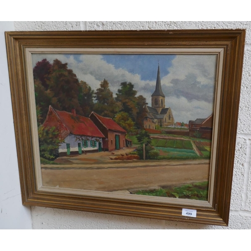 499 - Oil on canvas rural scene indistinct signature - Approx 49cm x 39cm