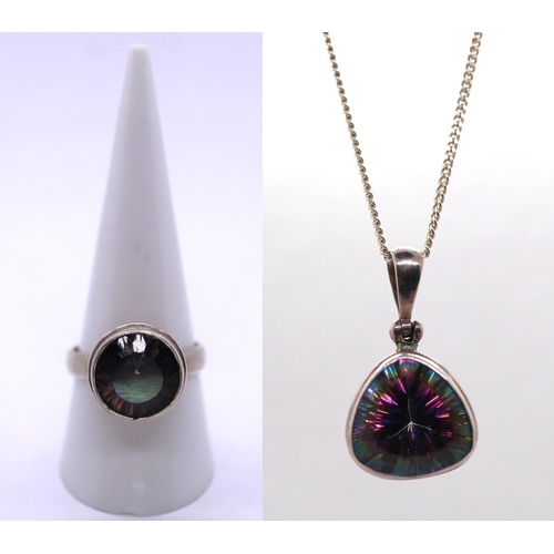 79 - Silver mystic topaz set necklace and ring