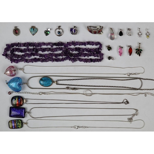 91 - Collection of silver necklaces together with Amethyst necklace, pendants etc