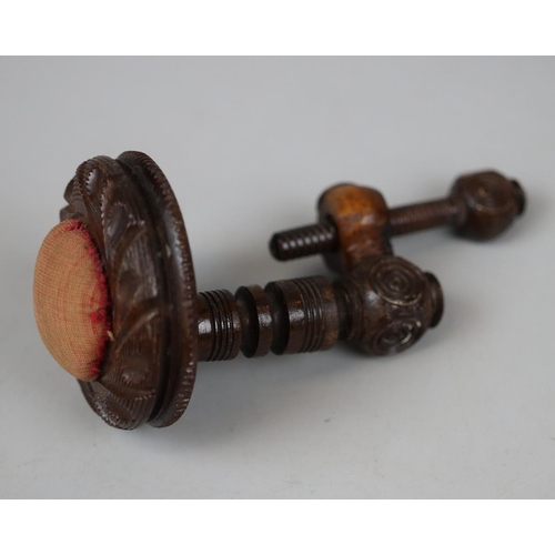 145 - Victorian turned oak sewing clamp with velvet pin cushion