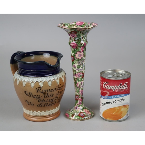 162 - Ceramic Victorian Royal Doulton 'Remember Me' jug together with an early 1900s Ducal bud vase.