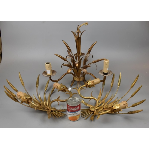 292 - Vintage French gilt wheatsheaf pendant light with pair of matching sconces