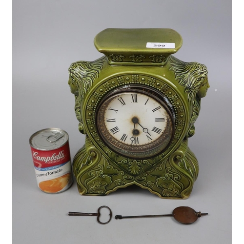 299 - Unusual green ceramic Aesthetic movement mantle clock