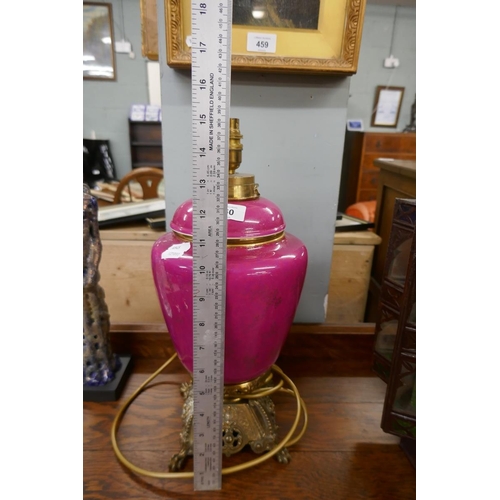 460 - Pink ceramic and brass lamp converted from an oil lamp