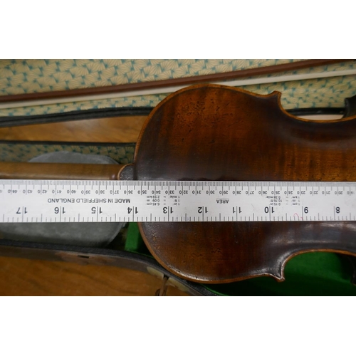 463 - Late 19thC violin in case. Bears internal printed paper label 'Manufactured in Berlin - copy of Jose... 