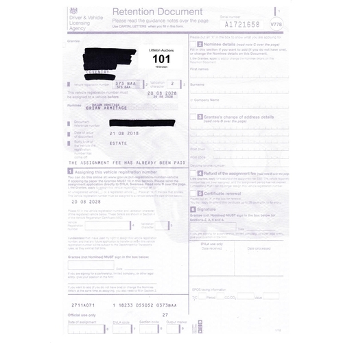 101 - Private car registration 373 BAA - Held on retention certificate