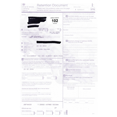 102 - Private car registration 222 BA - Held on retention certificate