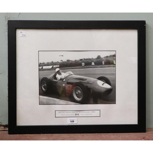 109 - Framed photograph of Stirling Moss at Silverstone Grand Prix 1956 - Approx 55cm x 44cm