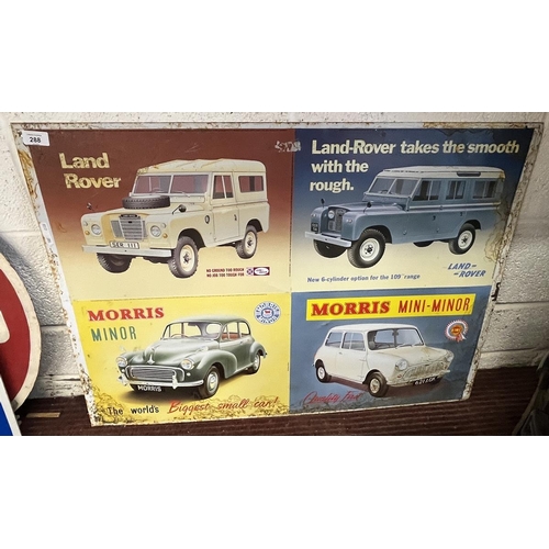 288 - Tin Sign - BMC Land Rover and Morris untrimmed showing print registration marks - Approx 89cm x 65cm