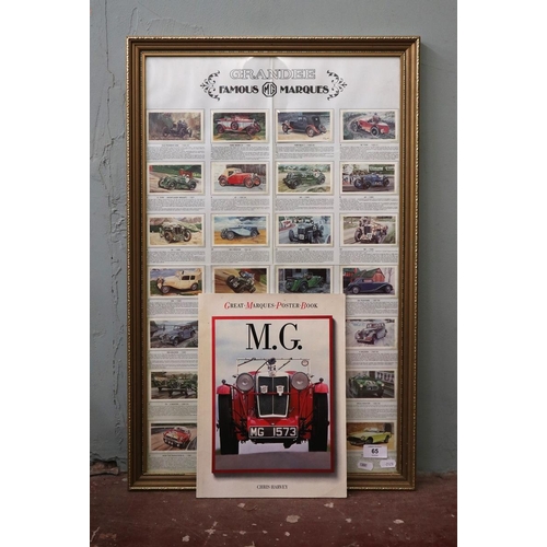 65 - Framed MG famous marques collectors cards together with a poster book