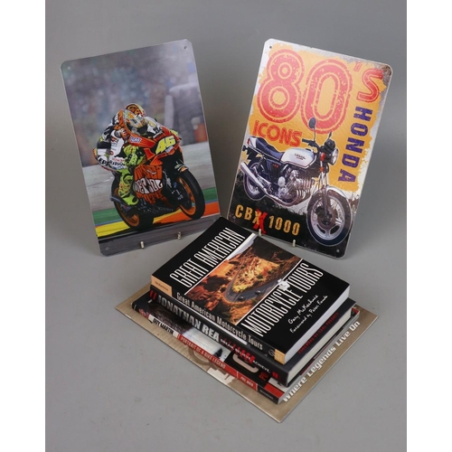 71 - Collection of motorcycling books together with 2 small tin pictures