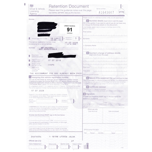 91 - Private car registration J6 LBA - Held on retention certificate